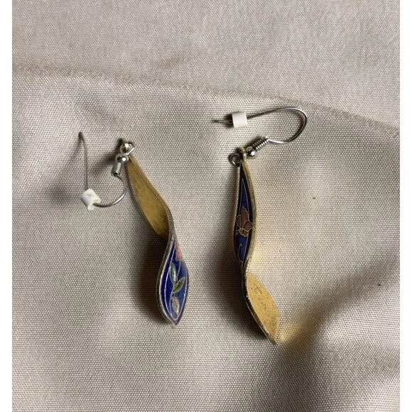 Vintage Cobalt Blue Cloisonné Drop Dangle Earrings Art Nouveau Style 2” - Picture 7 of 7